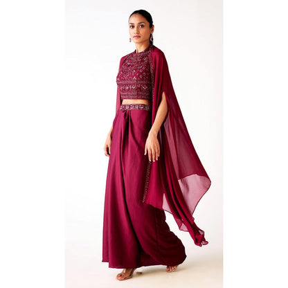 Basanti Kapde aur Koffee Maroon Satin Embroidered Cape With Skirt And Bustier