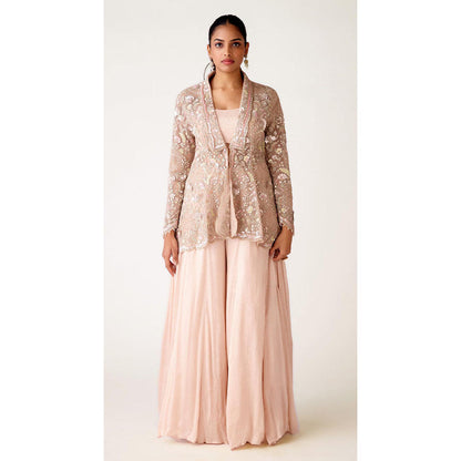 Basanti Kapde aur Koffee Baby Pink Embroidered Bustier With Sharara And Jacket