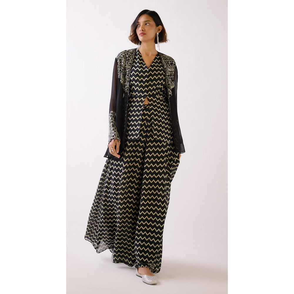 Basanti Kapde aur Koffee Black Embroidered Sharara With Shirt And Jacket