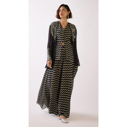 Basanti Kapde aur Koffee Black Embroidered Sharara With Shirt And Jacket