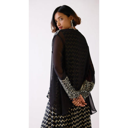 Basanti Kapde aur Koffee Black Embroidered Sharara With Shirt And Jacket