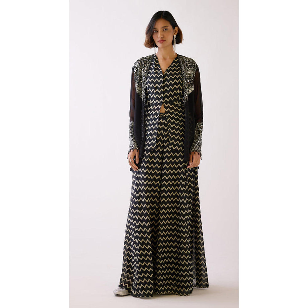 Basanti Kapde aur Koffee Black Embroidered Sharara With Shirt And Jacket