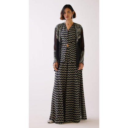 Basanti Kapde aur Koffee Black Embroidered Sharara With Shirt And Jacket