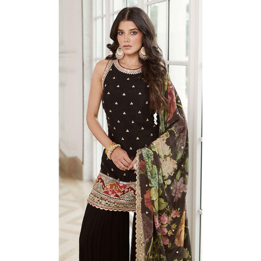 Basanti Kapde aur Koffee Black Georgette Kurta With Sharara And Dupatta