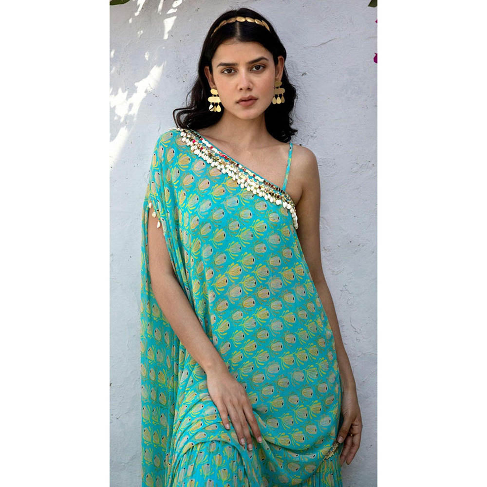 Basanti Kapde aur Koffee Firozi Sharara With Kaftan And Bustier