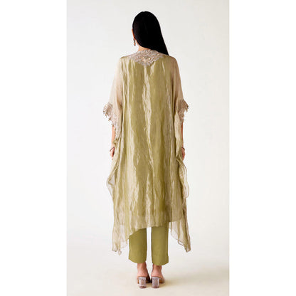 Basanti Kapde aur Koffee Green Tissue Embroidered Kaftan With Pant