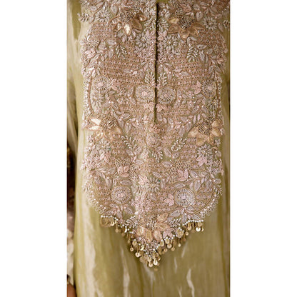Basanti Kapde aur Koffee Green Tissue Embroidered Kaftan With Pant