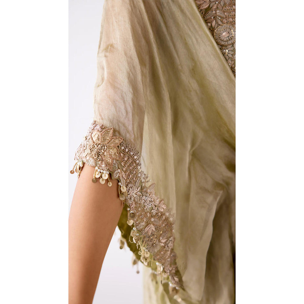 Basanti Kapde aur Koffee Green Tissue Embroidered Kaftan With Pant