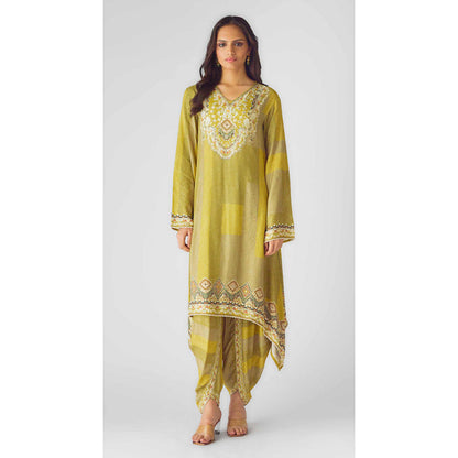 Basanti Kapde aur Koffee Lime Muslin Embroidered Kurta With Dhoti Pant