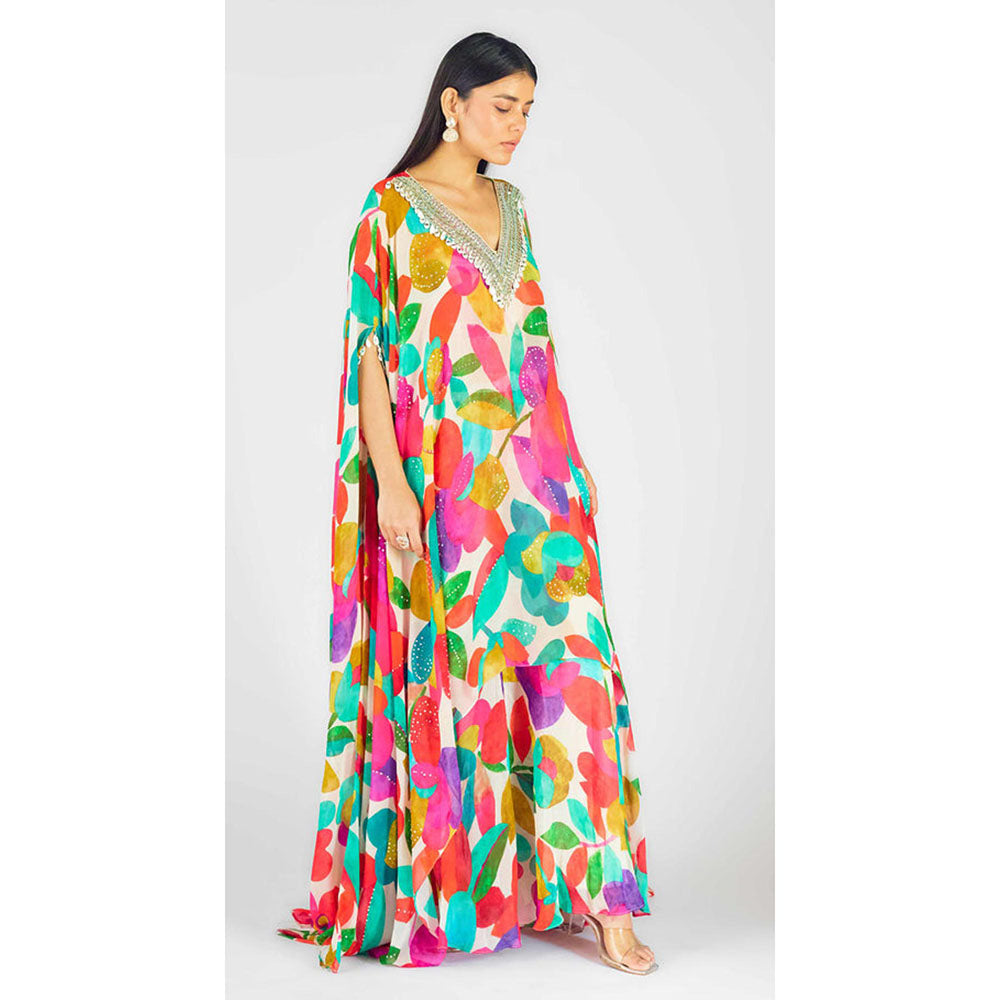 Basanti Kapde aur Koffee Multi Georgette Abstract Kaftan Sharara With Bustier
