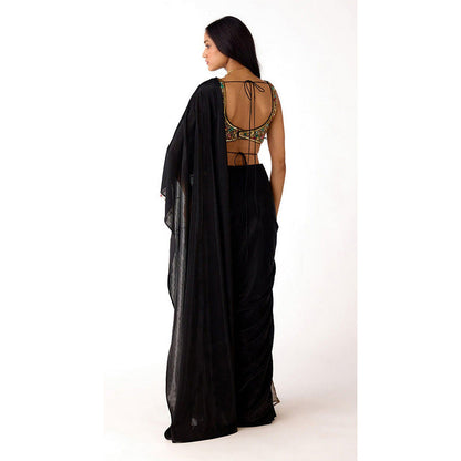 Basanti Kapde aur Koffee Black Lycra Embroidered Pre-Draped Saree with Stitched Blouse