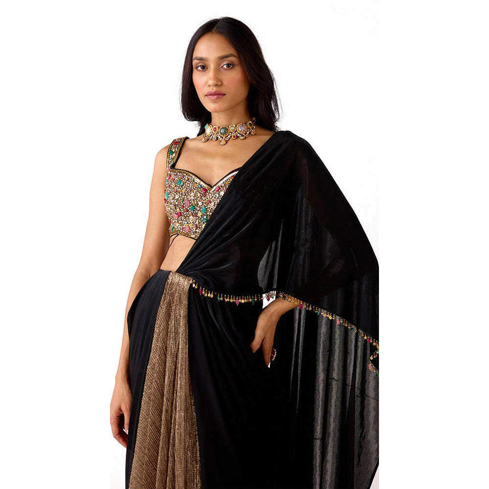Basanti Kapde aur Koffee Black Lycra Embroidered Pre-Draped Saree with Stitched Blouse
