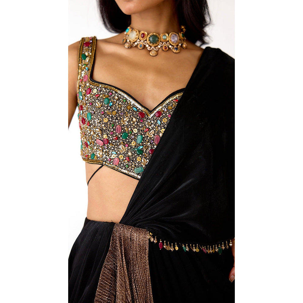 Basanti Kapde aur Koffee Black Lycra Embroidered Pre-Draped Saree with Stitched Blouse