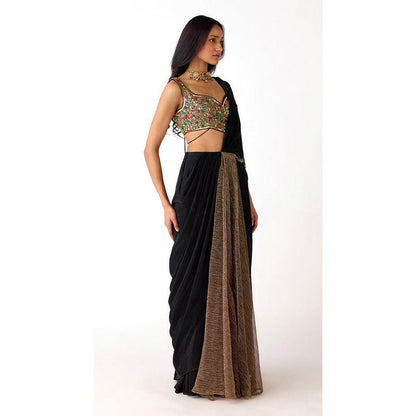 Basanti Kapde aur Koffee Black Lycra Embroidered Pre-Draped Saree with Stitched Blouse