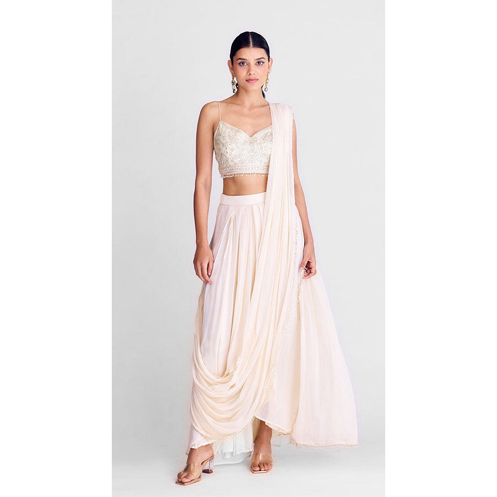 Basanti Kapde aur Koffee Ivory Pre-Draped Saree with Stitched Blouse and Cape