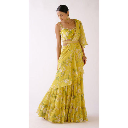 Basanti Kapde aur Koffee Yellow Embellished Pre-Draped Saree with Stitched Blouse and Belt