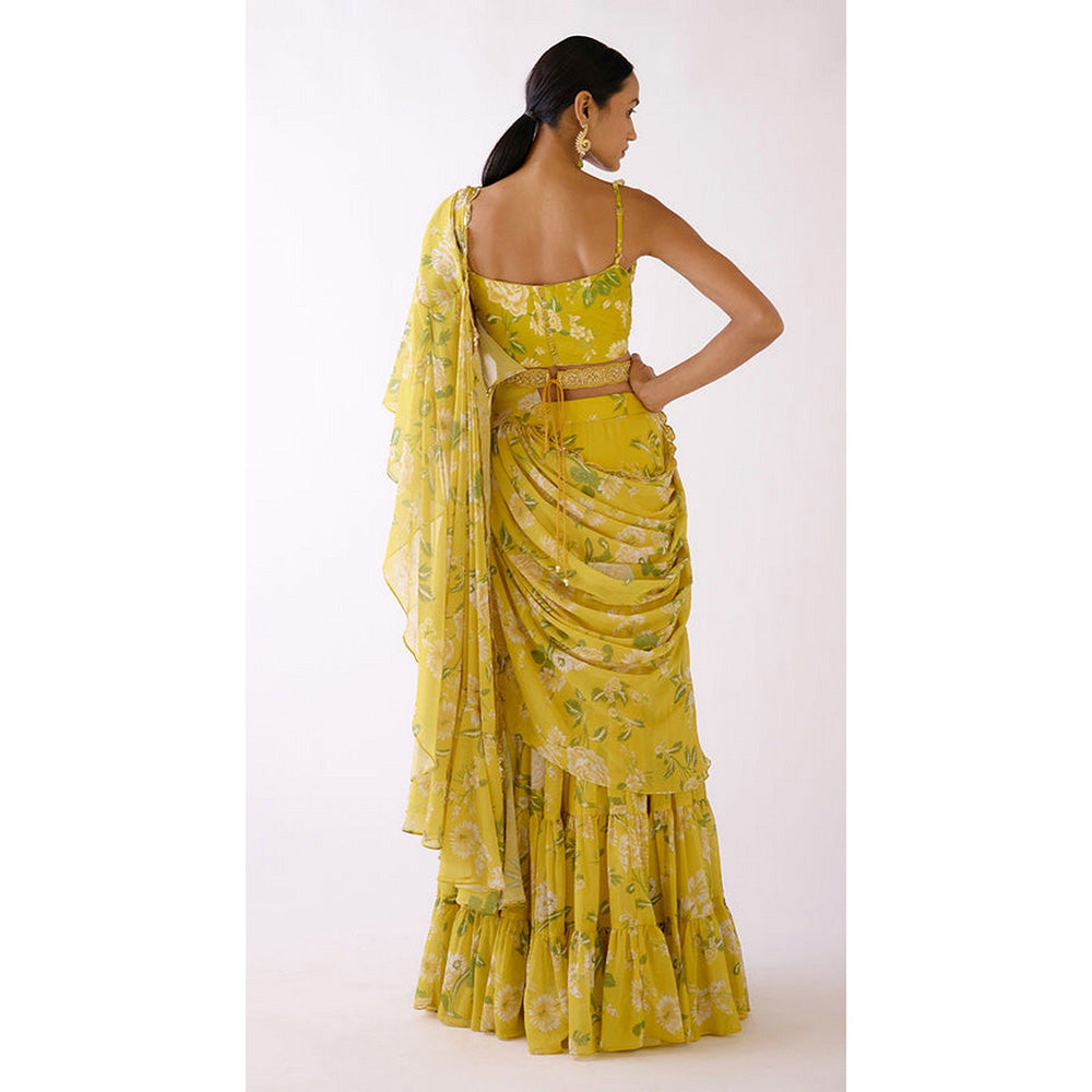 Basanti Kapde aur Koffee Yellow Embellished Pre-Draped Saree with Stitched Blouse and Belt