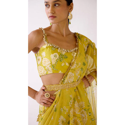 Basanti Kapde aur Koffee Yellow Embellished Pre-Draped Saree with Stitched Blouse and Belt