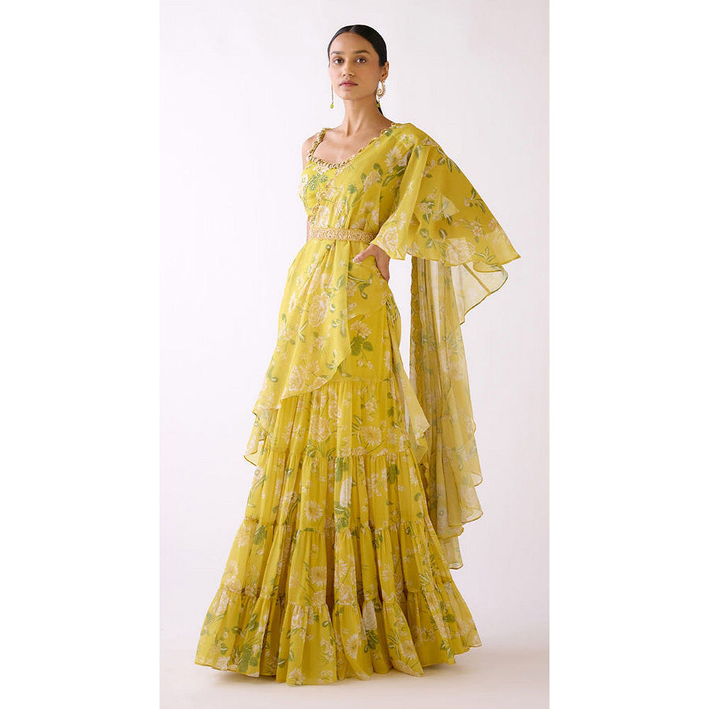 Basanti Kapde aur Koffee Yellow Embellished Pre-Draped Saree with Stitched Blouse and Belt