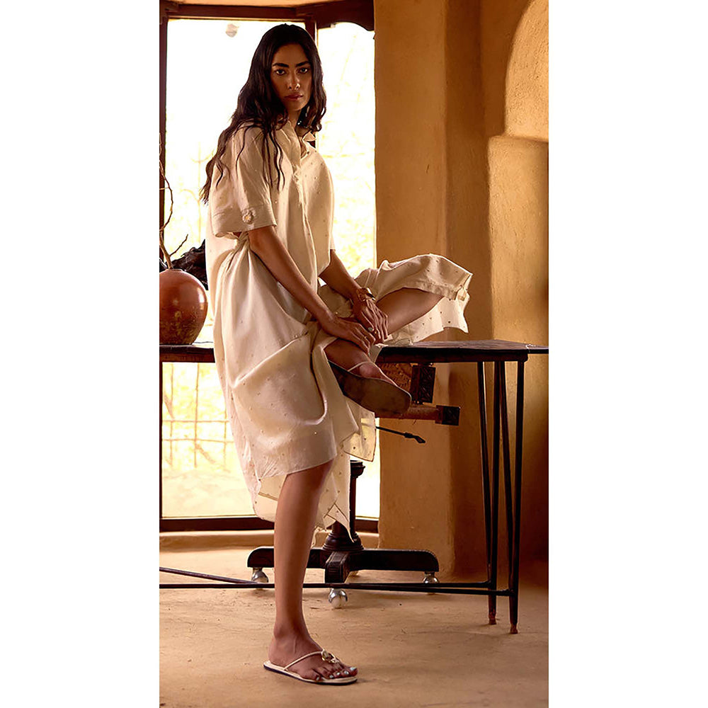 Basanti Kapde aur Koffee Ivory Empress Cotton Chanderi Embroidered Maxi Dress