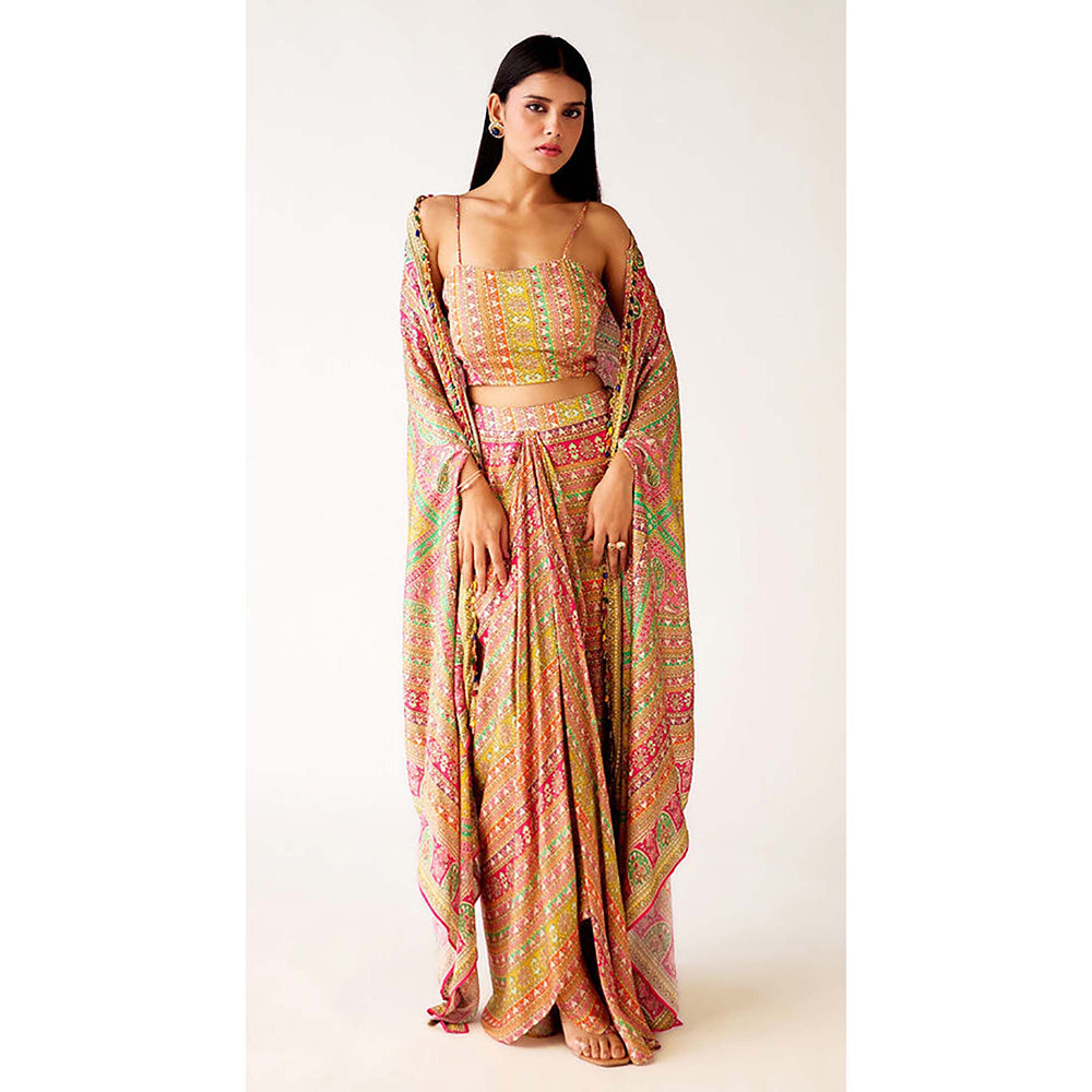 Basanti Kapde aur Koffee Multi Satin Embroidered Cape with Bustier and Skirt
