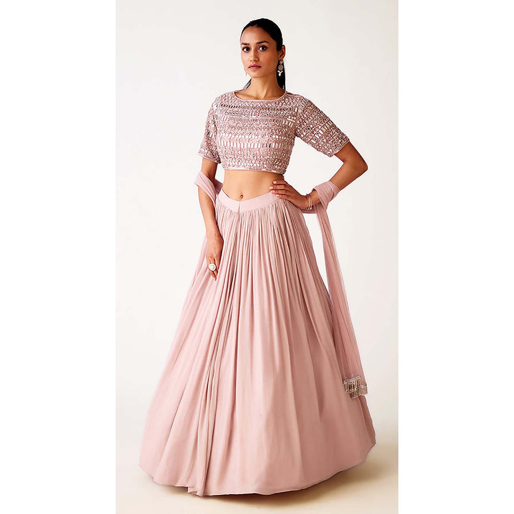 Basanti Kapde aur Koffee Pink Chinon Embroidered Lehenga with Blouse and Jacket