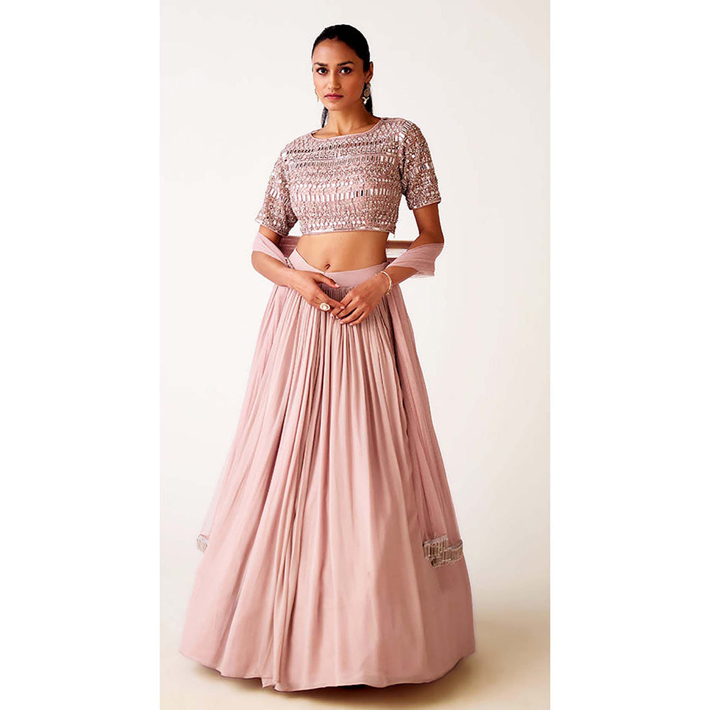 Basanti Kapde aur Koffee Pink Chinon Embroidered Lehenga with Blouse and Jacket