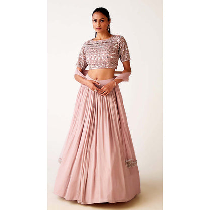 Basanti Kapde aur Koffee Pink Chinon Embroidered Lehenga with Blouse and Jacket