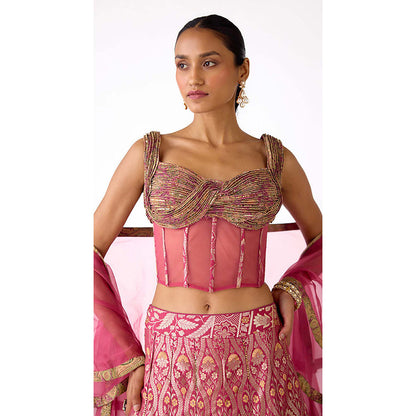 Basanti Kapde aur Koffee Pink Banarasi Embroidered Lehenga with Blouse and Dupatta