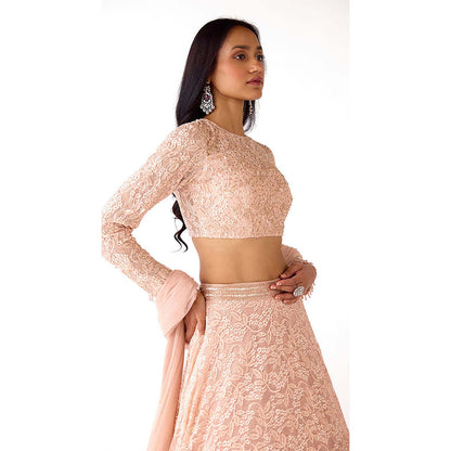 Basanti Kapde aur Koffee Peach Chantilly Net Embroidered Lehenga with Blouse and Dupatta