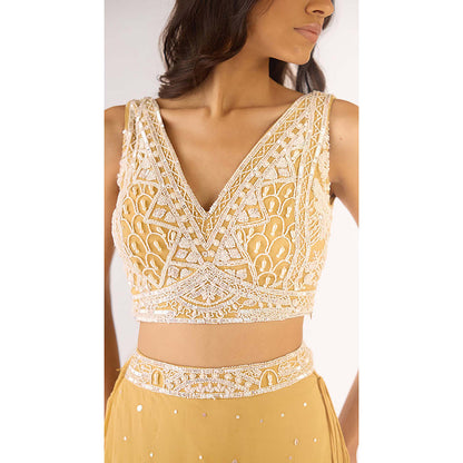 Basanti Kapde aur Koffee Gold Georgette Embroidered Lehenga with Blouse and Jacket