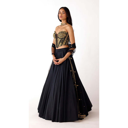 Basanti Kapde aur Koffee Black Viscose Lycra Embroidered Lehenga with Corset Blouse and Dupatta