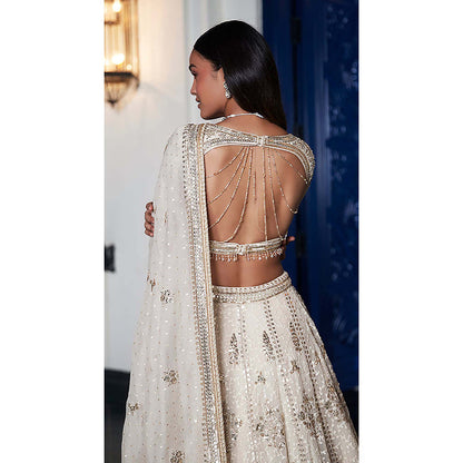 Basanti Kapde aur Koffee Ivory Organza Embroidered Lehenga with Blouse and Dupatta