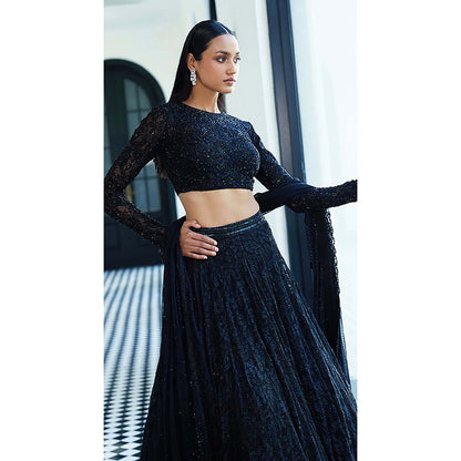 Basanti Kapde aur Koffee Black Chantilly Net Embroidered Lehenga with Blouse and Dupatta