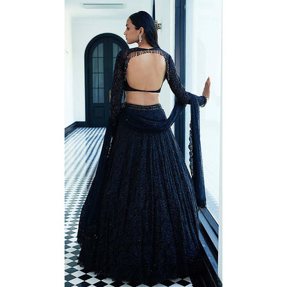 Basanti Kapde aur Koffee Black Chantilly Net Embroidered Lehenga with Blouse and Dupatta