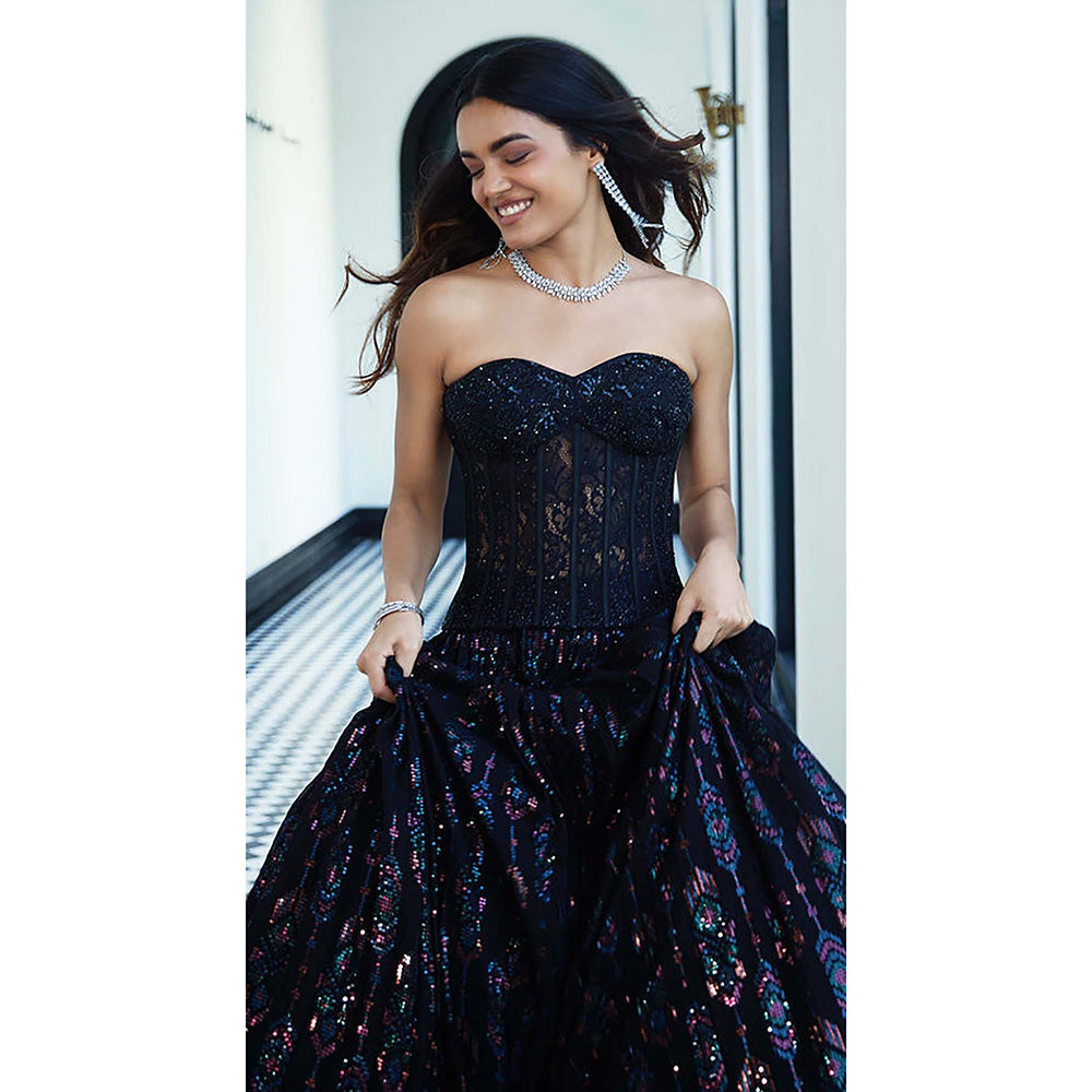 Basanti Kapde aur Koffee Black Chantilly Net Embroidered Lehenga with Corset Blouse and Dupatta