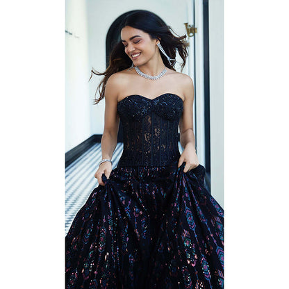 Basanti Kapde aur Koffee Black Chantilly Net Embroidered Lehenga with Corset Blouse and Dupatta
