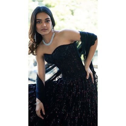 Basanti Kapde aur Koffee Black Chantilly Net Embroidered Lehenga with Corset Blouse and Dupatta