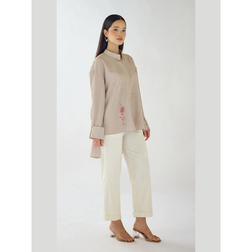 Basanti Kapde aur Koffee Ivory Striped Embroidered Shirt