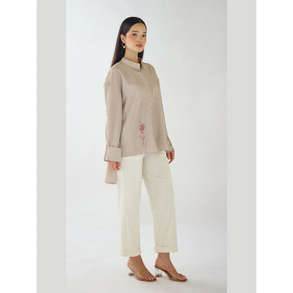 Basanti Kapde aur Koffee Ivory Striped Embroidered Shirt