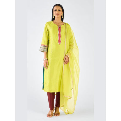 Basanti Kapde aur Koffee Lime Chanderi Embroidered Kaftan with Pant and Dupatta