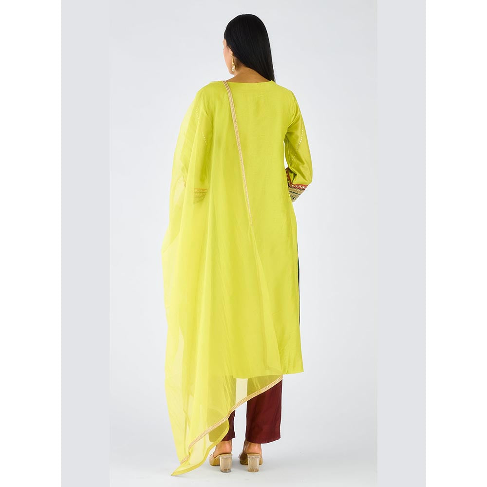 Basanti Kapde aur Koffee Lime Chanderi Embroidered Kaftan with Pant and Dupatta