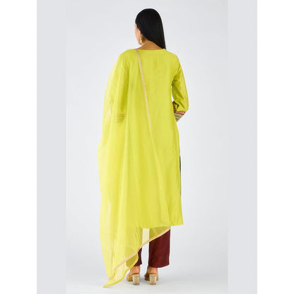 Basanti Kapde aur Koffee Lime Chanderi Embroidered Kaftan with Pant and Dupatta
