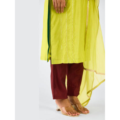 Basanti Kapde aur Koffee Lime Chanderi Embroidered Kaftan with Pant and Dupatta