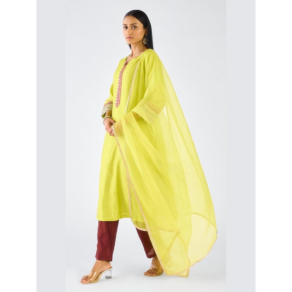 Basanti Kapde aur Koffee Lime Chanderi Embroidered Kaftan with Pant and Dupatta