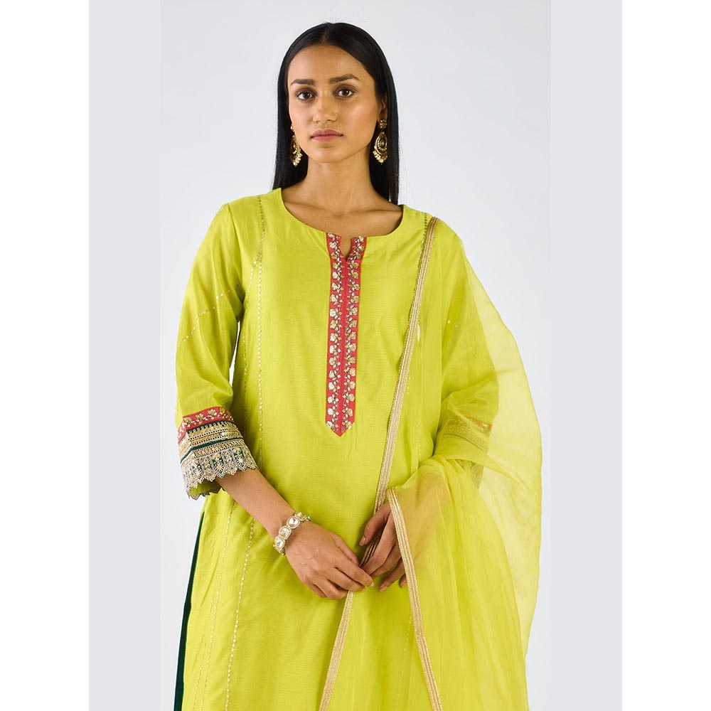 Basanti Kapde aur Koffee Lime Chanderi Embroidered Kaftan with Pant and Dupatta