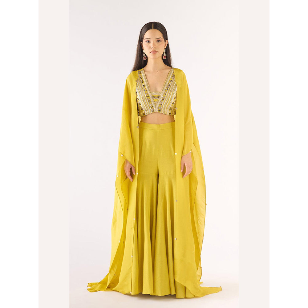 Basanti Kapde aur Koffee Lime Tissue Embellished Cape And Sharara With Bustier