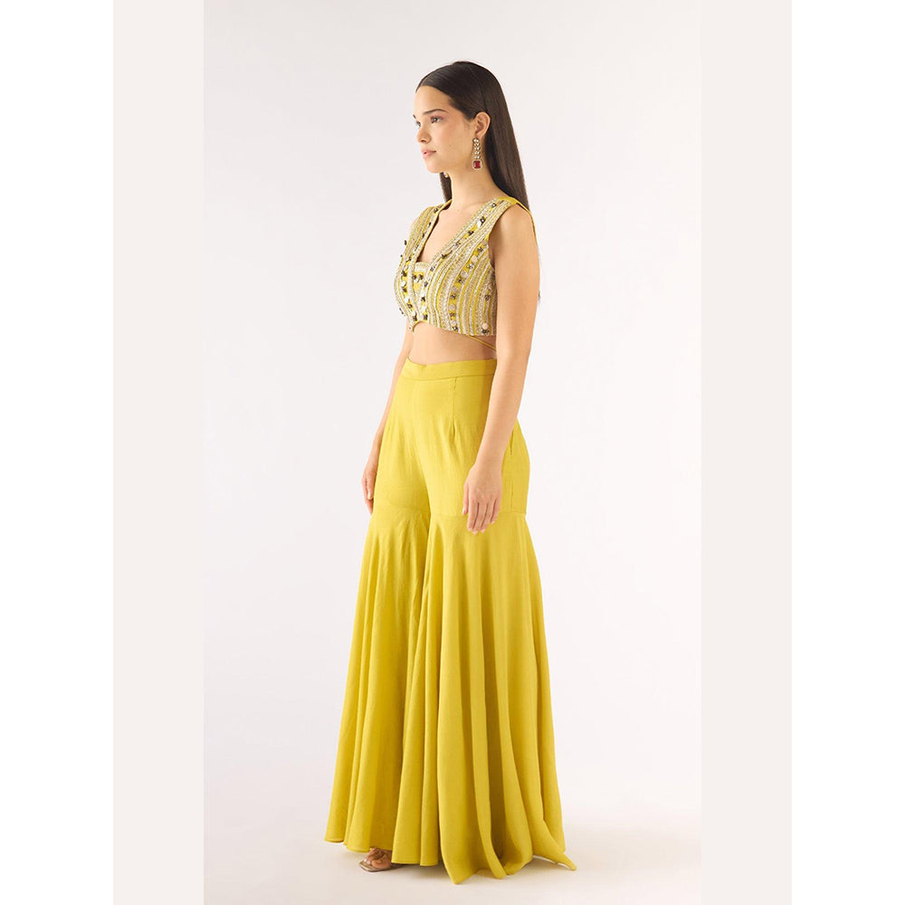 Basanti Kapde aur Koffee Lime Tissue Embellished Cape And Sharara With Bustier