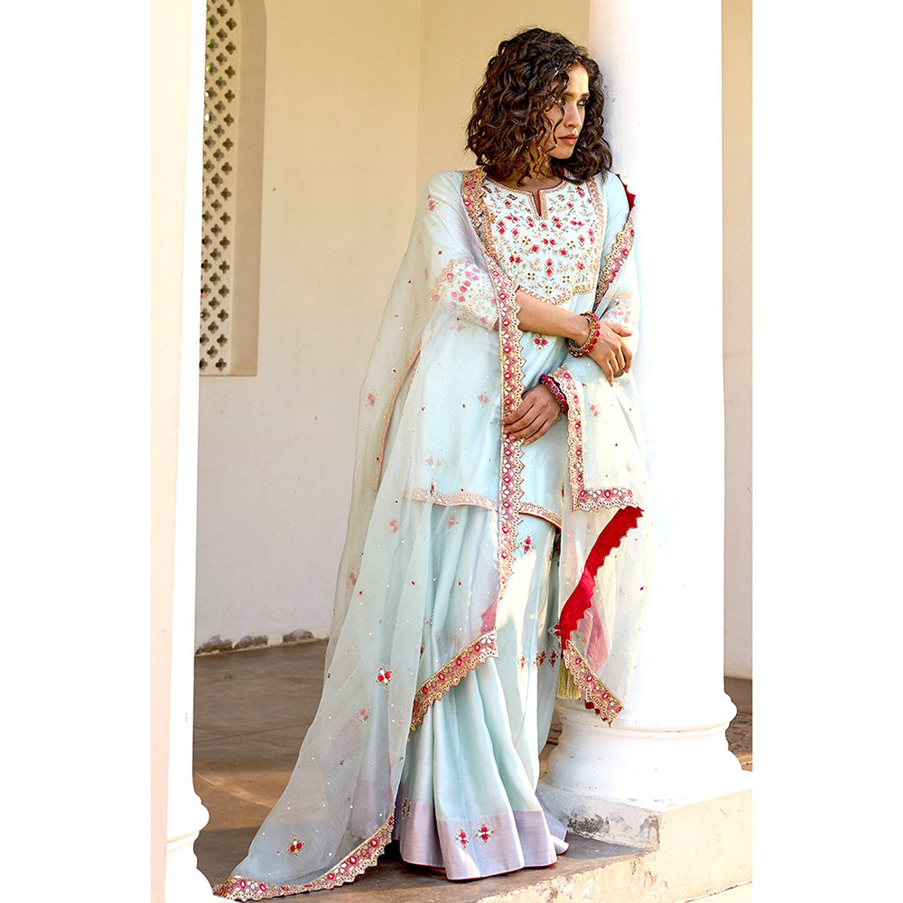 Bbaawri Hand Embroidered Silk Organza Dupatta Blue