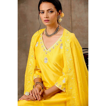 Bbaawri Yellow Color Hand Embroidered Chanderi Silk Kurta with Pant & Dupatta (Set of 3)